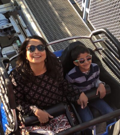 Fatema Suterwala and her son on the roller coaster